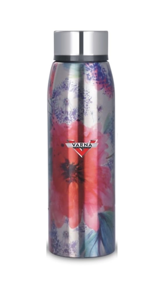 Varna Double Water Bottle | Stainless Steel | Black | Double Wall | 600 ml | Rose Design (Gray Floral)-image-26