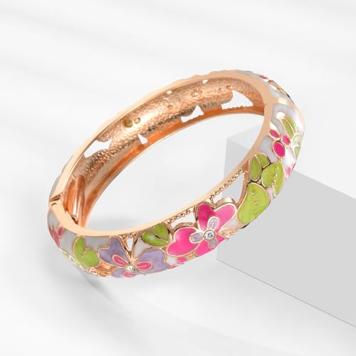 Image of UJOY Womens Multi-colors Cloisonne Bracelet Gold Plated Flower Hollowed Enameled Hinged Cuff Bangles Jewelry Gift 88A10
