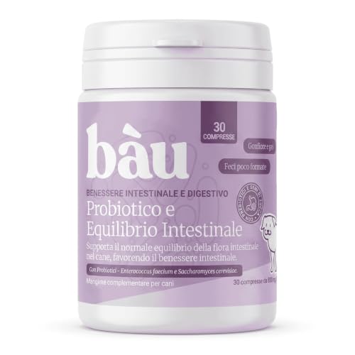 Bau Probiotici per Cani 30cps, Fermenti Lattici Cane, Supporto Gastrointestinale Cane, Probiotico Digestivo per Cani Prurito, Integratore Diarrea Cane con Ingredienti Naturali