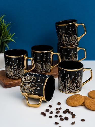Image of Clay Craft Fine Ceramic Director Gold Printed Tea /Coffee Set of 6-200 ml Each (E609), Tea Cup Set of 6, Mugs for Coffee, Cups Set of 6, Mug Set, Ideal for Gifting, Perfect for Home and Office