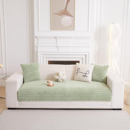 Image of HOMETHREADS Thick & Soft Fur Plush Sofa Cover-Luxurious Cozy Slipcover, Washable & Pet-Friendly, Anti-Scratch Protector for Sofas (Faux Linning Green, 3 Seater | 180x70cm)