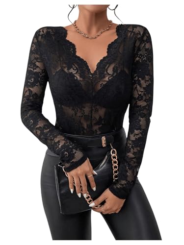 WDIRARA Women's Floral Embroidery Mesh Lace Round Neck Long Sleeve Top