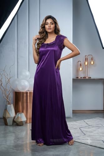 Image of Satin Full Length Nighty for Women, Maroon Maxi Night Gown with Lace Detail, Soft Breathable Fabric, Stylish Night Dress