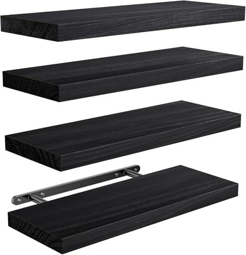 Pipishell Wandregal Holz, 40 cm Regal Wand, Paulownia Küchenregal Hängend Schweberegal Holzregal, 4er-Set aus Holzregalen für Badezimmer, Schlafzimmer, Büro, Wohnzimmer, Küche usw. (Schwarz)