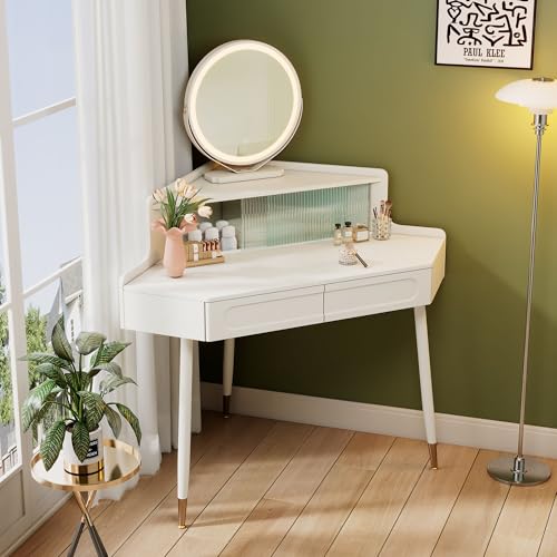 Furnistar Corner Vanity with Hidden Storage and 2 Drawers Corner Vanity Desk with Mirror and Lights Corner Makeup Vanity for Small Spaces