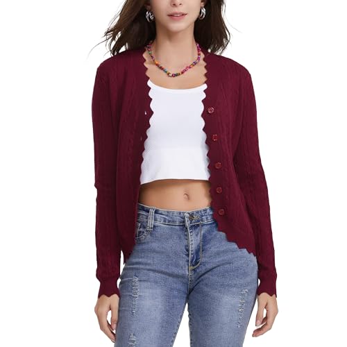 Women's Lace V Neck Hollow-Out Crochet Button Down Knit Slim Cropped Cardigan