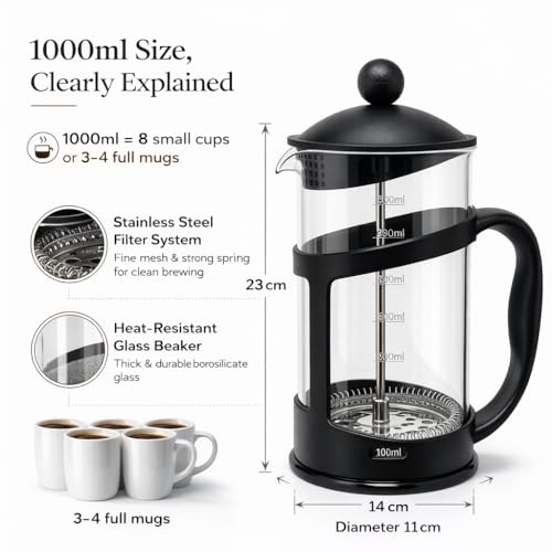 Image of GLOW Classic Continental 1 Litre Black Cafetiere - Premium Manual 4 Cup French Press Coffee Maker with Toughened Shockproof Glass Pot and Plunger Filter for Ground Beans Espresso Tea