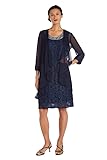 R&M Richards Women's Two Piece Fly Away Jacket Over Beaded Neck Laced Dress,  Navy,  18