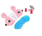 Pink Silk Eye Mask,3D Cute Rabbit Face Soft Eye Bags Cooling Down Adjustable Sleeping Blindfold With Free Ear Plugs For Kids Girls Adult for Yoga,Travel,Nap,Meditation,Blindfold(Inclulding Ice Bag)
