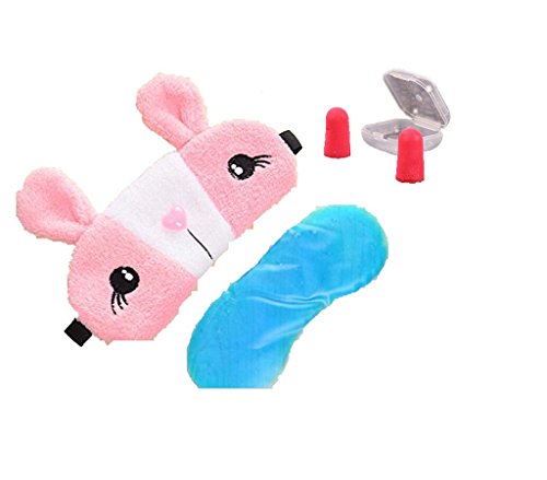 Pink Silk Eye Mask,3D Cute Rabbit Face Soft Eye Bags Cooling Down Adjustable Sleeping Blindfold With Free Ear Plugs For Kids Girls Adult for Yoga,Travel,Nap,Meditation,Blindfold(Inclulding Ice Bag)