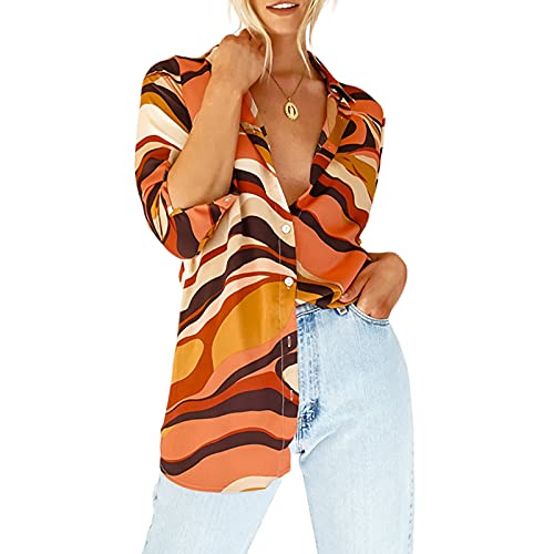 Women Button Down Casual Shirts, Fashion Abstract Zebra Print Long Sleeve Loose Tops for Summer Fashion Streetwear (Orange, Large)