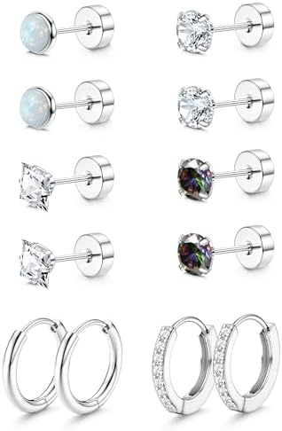 Florideco Silver Hypoallergenic Surgical Steel Earrings 20G Flat Back Earrings for Women Trendy Cartilage Earring Stacks Small Stainless Steel Earring Sets for Multiple Piercing