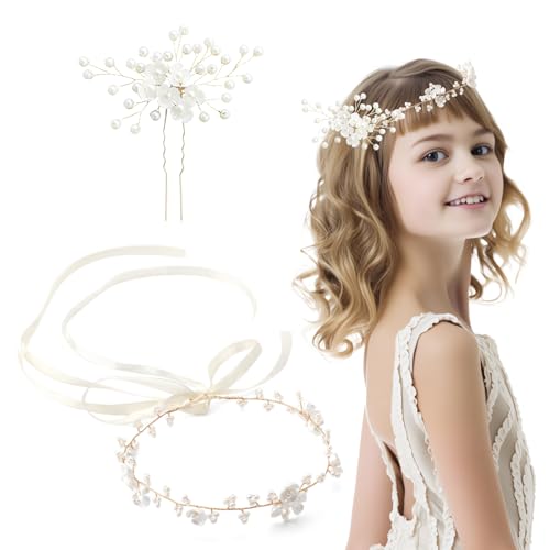 ZMDMAH 2 Pezzi Accessori Capelli Comunione Bambina – Cerchietto Perle Bianche & Corona Fiori con Nastro – Copricapo Elegante per Matrimonio, Foto, Eventi Speciali