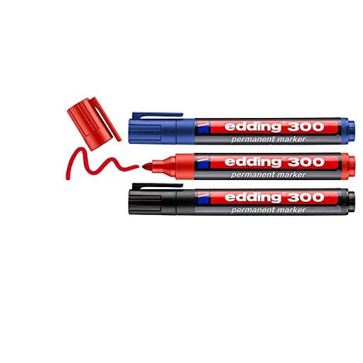 edding 300 marcador permanente - negro, rojo, azul - 3 rotuladores- punta redonda 1,5-3 mm - resistente al agua,de secado rápido,rotuladores indelebles - para cartón,plástico,vidrio, madera, metal