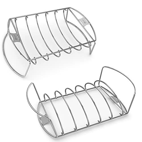 Cave Tools Rib Roast BBQ Rack - Roasting & Cooking Chicken Turkey Hams on Gas or Charcoal Grill Smoker or in Oven - Best Dishwasher Safe Stainless Steel for Barbecue Meat