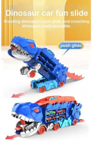Image of Big Size Dinosaur Truck + Track Set with 8 die-cast Cars Big Hauler Truck Toys for Kids Dinosaur Car Carrier - Deformation into Race Track Gift for Boys Ages 3-6