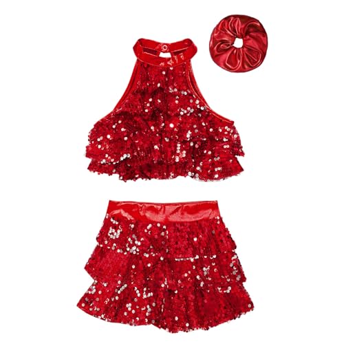 JanJean Kids Girls Sparkle Metallic Crop Top with Skirted Hair Band for Hip Hop Jazz Street Dance Competition Red 11-12 Years