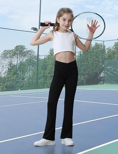 Girls Flare Leggings Black Pink Crossover High Waisted Workout Running Dance Bootleg Yoga Pants4