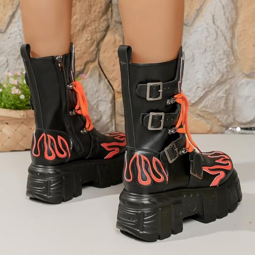 LSHWCIFT Women'S Punk Motorcycle Boots With Buckle Straps & Side Zipper Chunky Industrial Platform Sole For Edgy Street Style And Dark Aesthetic (Orange black,9) by LSHWCIFT - Used condition - Image 4