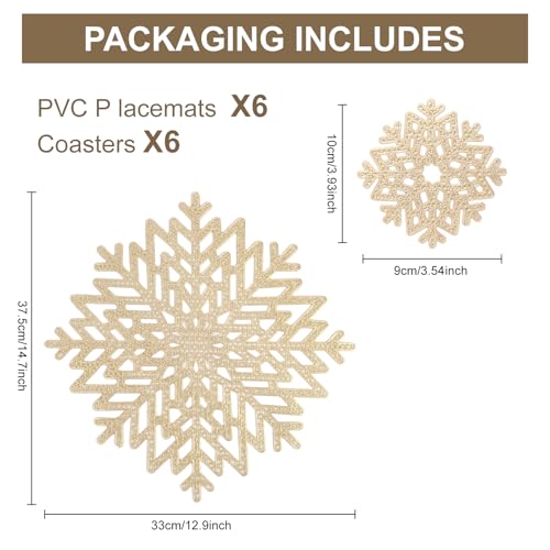 Round Snowflake Placemats,12pcs PVC Gold Table Mat set Heat Resistant Washable Placemat of 6pcs + Coasters Set 6pcs for Home Kitchen holiday Decoration - Image 2