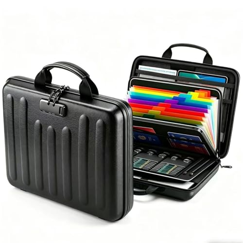 Fireproof Document Box with Lock, Waterproof Hard-Shell File Organizer, 13 Pocket Accordion Folder, Portable Safe Storage for A4 Files, Laptop, Passports & Certificates, Home Office Travel Use, Black