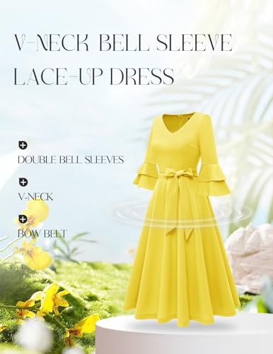 Image of DRESSTELLS Women's Cocktail Dress Summer Wedding Guest Party Vintage 3 /4 Bell Sleeve V Neck A-Line Dress
