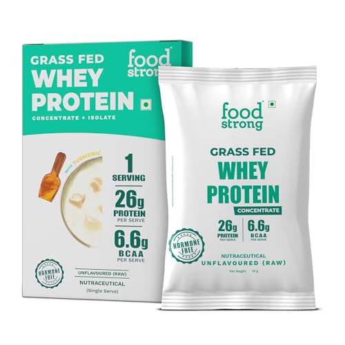 Image of Foodstrong Whey Protein Powder (Concentrate + Isolate), 100% Hormone Free Grass-Fed Whey, 26G Protein & 6.6G BCAA, Unflavoured, With Turmeric & Digestive Enzymes, 35G
