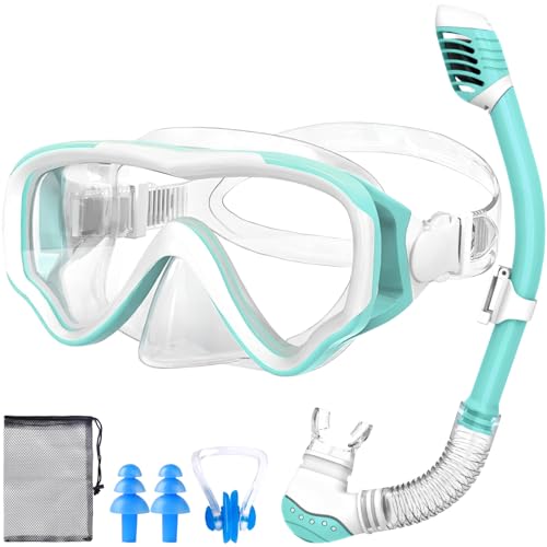 Schnorchelset Kinder Tauchset Taucherbrille Kinder mit 180 Panorama HD Sicht Anti-Nebel & Anti-Leckage Strapazierfähiges Sicherheitsglas (Hellgrün)