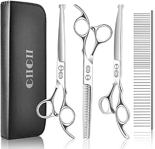 Dog Grooming Scissors Kit, CIICII 6.5 Inch Professional Pet Grooming Scissors Set (Dog/Cat Hair Thinning Trimming Cutting Shears) with Curved Scissors for DIY Home Salon (Safety Round Tip-Silver-9Pcs)