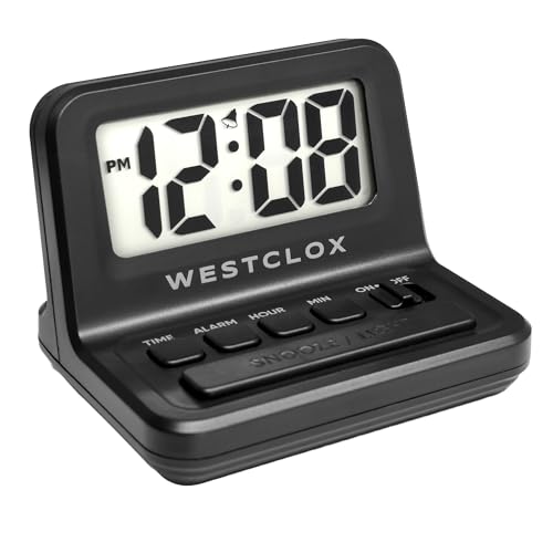 Image of Westclox LCD Digital Bedside Alarm Clock with White Backlit Display and Snooze Function, Battery Operated, (Black, 3-Inch)
