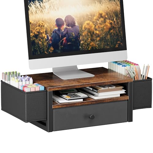 Desk Organizers and Accessories, 3-Tier Computer Monitor Stand Riser with Fabric Drawer & 6 Pen Holder, Office Desk Accessories Workspace Desktop Organizer for Office Supplies, Rustic Brown