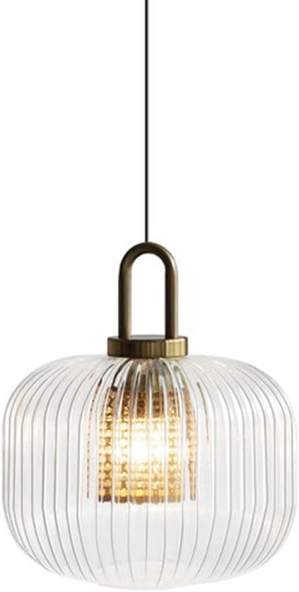 Hanging Lamp, Retro Style Chandelier, E27 Single-Headed Pendant Lamp, Striped Glass Lantern Metal Lighting Fixtures