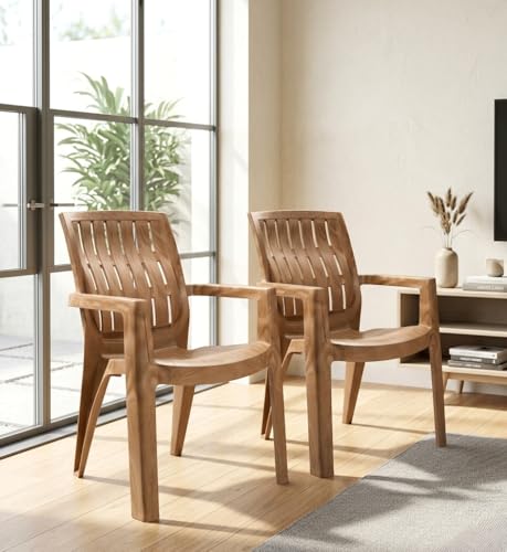 Image of Patiofy Plastic Arm Chair for Living Room, Heavy Duty Plastic Chair for Home and Outdoor, Solid Back Support, Comfortable Seating with Arm Support, 200 Kg Capacity (Spino Sandal- Set of 2)