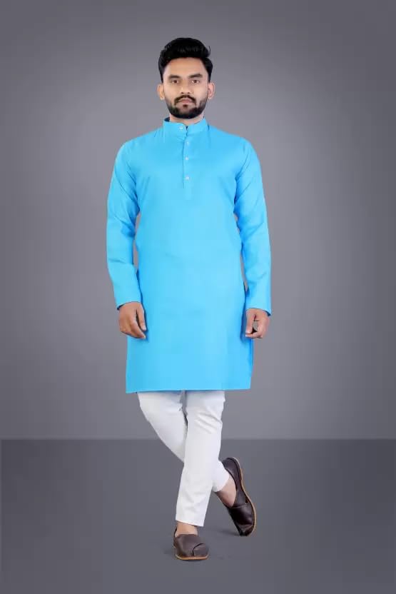 Image of weltpocket Men's Cotton Blend Solid Straight Kurta Pyjama (XX-Large, Sky)