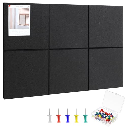 Large Cork Board 36" x 24", 6 Pack Felt Bulletin Board with 30 Pushpins, Cork Boards Alternative with Self-Adhesive Strips, Felt Wall Tiles Pin Boards for Walls Office Home School Decor-Black