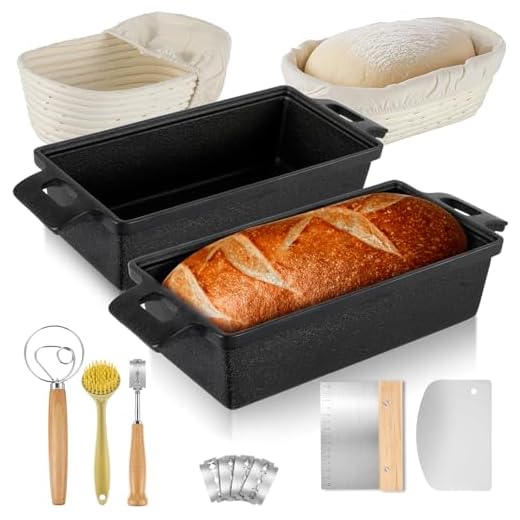 Reallnaive Cast Iron Loaf Bread Baking Pan Kit for Homemade Bread, 2 Pcs 9 x 5 Dutch Oven Heavy Duty Pans, Proofing Baskets, Sourdough Starter Kit Supplies Making Tools, Total 9 Pcs