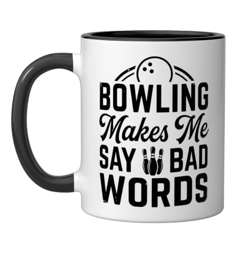 Bowling makes me say bad words Funny Bowler joke League Ceramic Mug, Black/White, 11oz