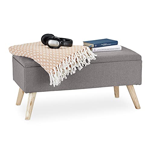 Relaxdays Sitzbank mit Stauraum, gepolstert, Holzbeine, Truhenbank Stoffbezug, HxBxT: 39,5 x 79,5 x 39,5 cm, hellgrau