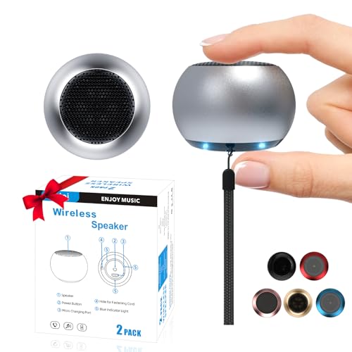 AUKSKY 2Pack Portable Mini Speakers, Bluetooth Tiny Speakers,Wireless Micro Speaker for Phone/PC/Tablet, Rechargeable Battery, Built-in Microphone, Cute Mini Speaker with Strap to Carry, Silver
