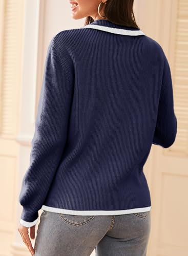 Image of Dokotoo Sweaters for Women Fashion Long Sleeve Lapel Collar V Neck Casual Knit Color Block Pullover Sweater Jumpers Tops