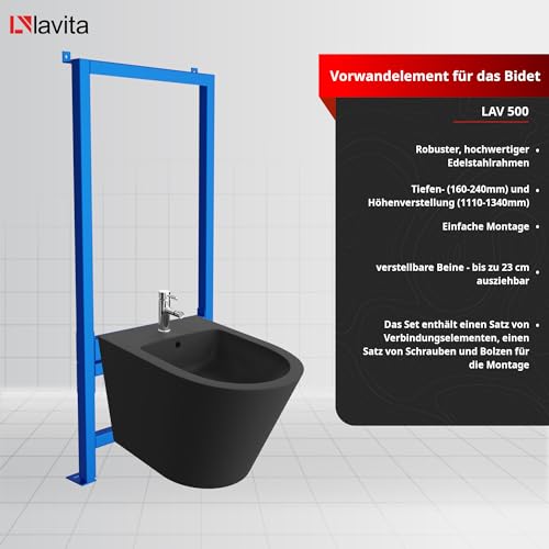 LAVITA Vorwandelement für Bidet LAV 500 + Wand-Bidet Galve Black Komplettset Wand-Hänge Bidet mit Hahnloch und Überlaufschutz aus Keramik WC Toilette Hygienisch und Pflegeleicht 35x51x34 cm – Bild 4