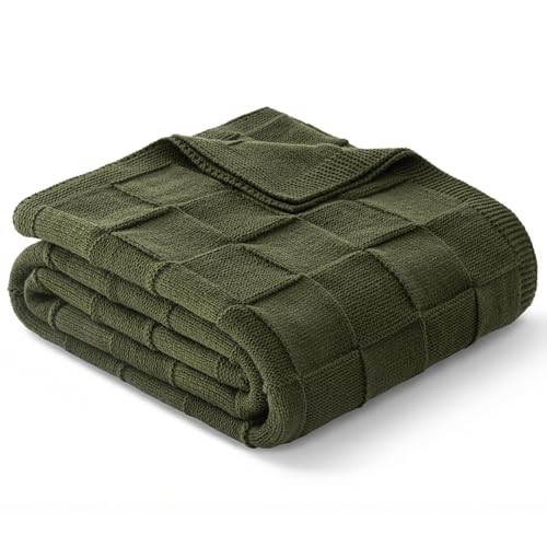Whale Flotilla Checkered Knit Throw Blanket for Couch, Soft Decorative Knitted Blankets for Sofa Bed, Lightweight Cozy Throws for Spring Summer, 50x60 Inch, Olive