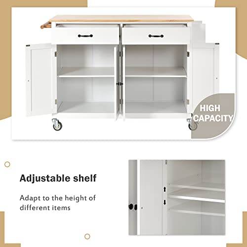 Kitchen-Island-Cart-on-Locking-Wheels-with-4-Cabinet-and-2-Drawers-Rolling-Coffee-Bar-Trolley-wSolid-Wood-Tabletop-Adjustable-Shelves-Spice-Towel-Side-Rack-for-Dining-Room-White Kitchen Island Cart on Locking Wheels with 4 Cabinet and 2 Drawers Rolling Coffee Bar Trolley wSolid Wood Tabletop Adjustable Shelves Spice Towel Side Rack for Dining Room White