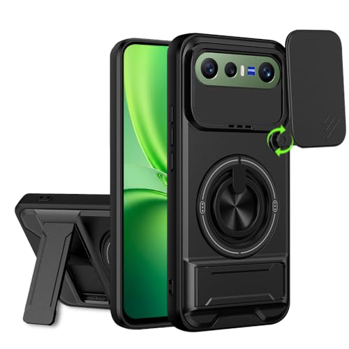 Image of AESTMO Vivo X300 FE 5G Back Cover | Armor Camera Slider 360 Degree Rotating Finger Ring Holder Case with Bracket Stand Back Case Cover (Compatible with MagSafe Accessories) (Black)