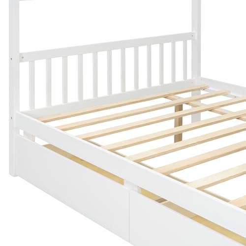 Image of Full Size House Platform Bed with Roof and 2 Drawers, Solid Wood House Daybed Frame with Headboard and Slat Support for Kids Teens Girls Boys Bedroom, Can Be Decorated (White-03, Full)