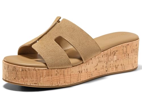 Image of Coutgo Women's Platform Wedge Sandals Open Toe Slip On Slides Cork Heeled Cutout Comfortable Summer Shoes