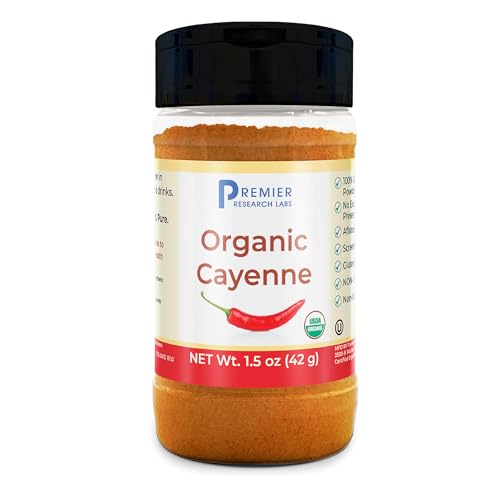 Premier Research Labs Organic Cayenne Spice Powder - Ground Red Cayenne Pepper Seasoning, Natural Capsaicin Content, Hot & Spicy Seasoning for Cooking, Non GMO, Gluten Free, Purity Tested - 1.5 oz