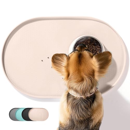Conlun Alfombra Comedero Perro, Alfombra Comedero Gato con Bordes Elevados de 1.2 cm para Contener Derrames, Alfombrillas de Silicona para Comida de Mascotas Libres de BPA (Beige,48x30 cm)