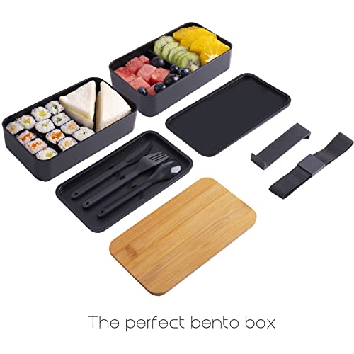 Collect Beauty Japanese Bento Box,2 Layer Lunch Box , Meal Prep Lunch Container With Bamboo Chopping Board Lid,Bag,Cutlery,Divider,Bento Lunch Box For Kids And Adults Black #TOP3