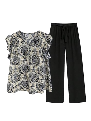 SOLY HUX Women's Plus Size Summer Two Piece Sets Ruffle Cap Sleeve Floral Blouse Belted Pants Outfits Black Multi XX-Large Plus